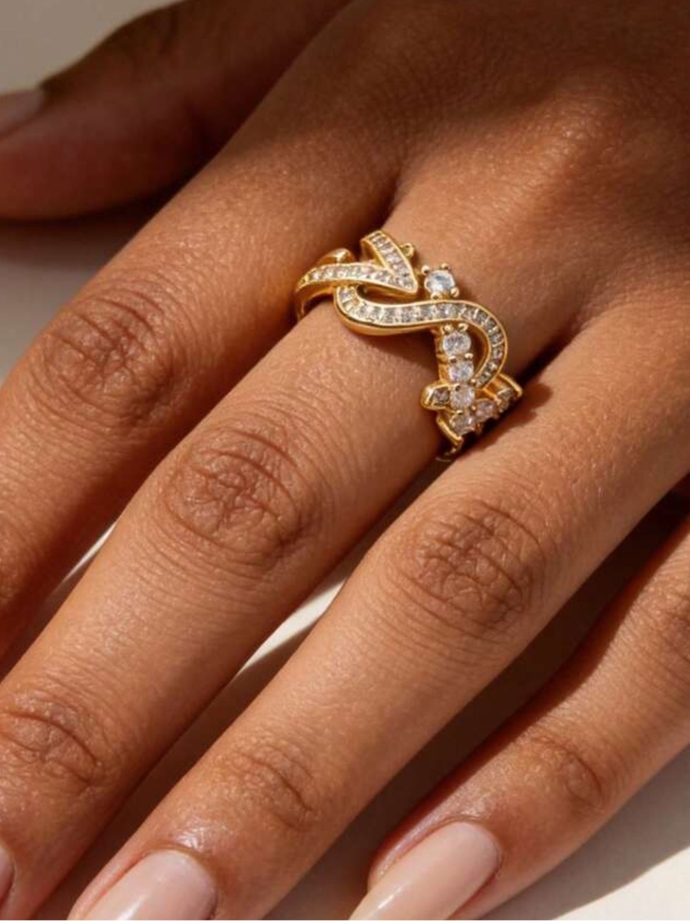 Gold Pavé Lettered Crystal Rhinestone Ring /OS